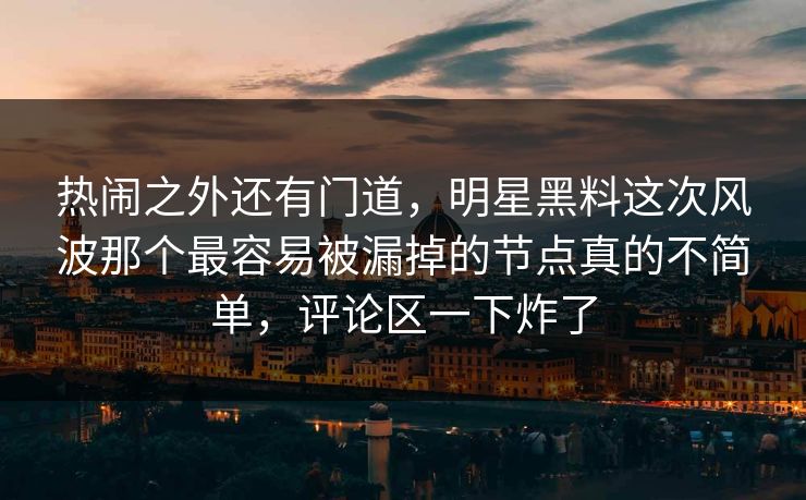 热闹之外还有门道,明星黑料这次风波那个最容易被漏掉的节点真的不简单,评论区一下炸了